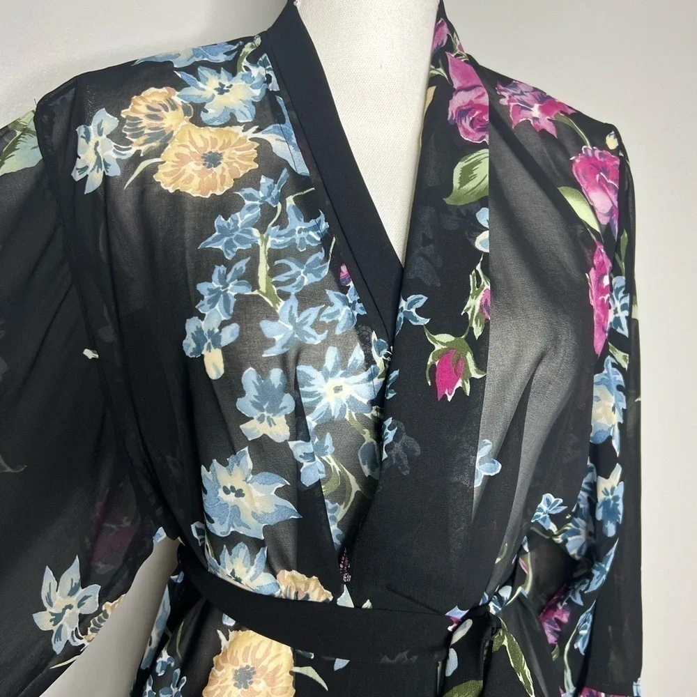 Helena Quinn Georgette Sheer Belted Floral Kimono Bath Robe